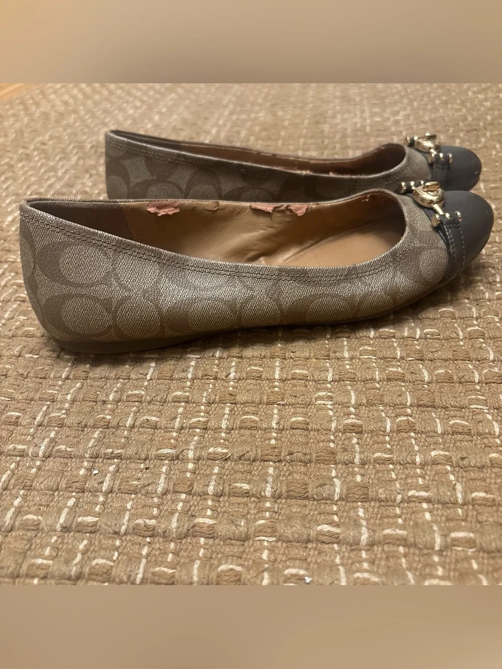 Coach Brown Logo Ballet Flats with Black Cap Toe and Gold Accent